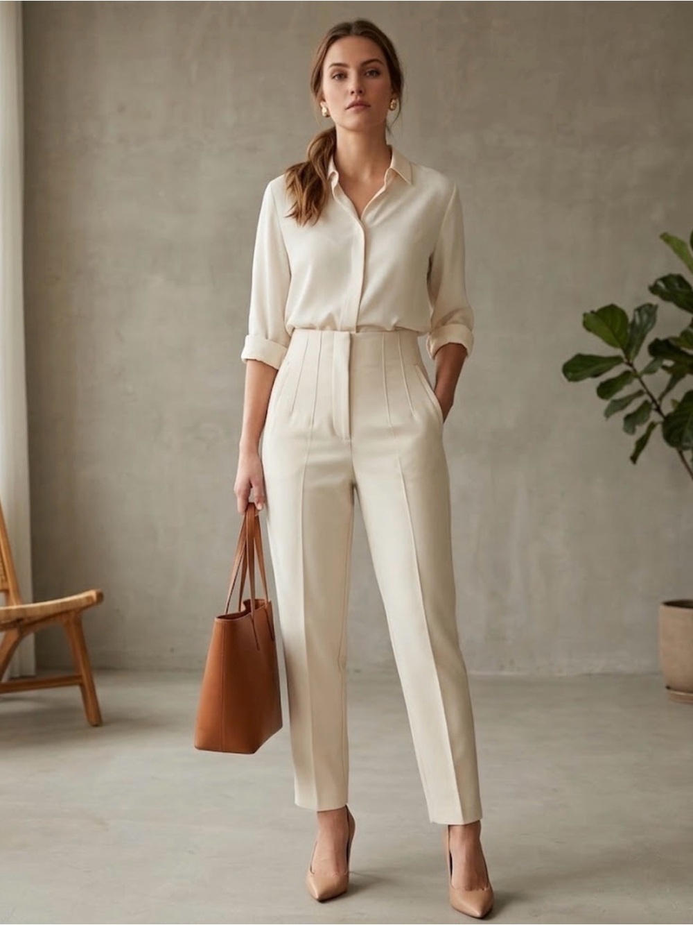 Zara Cream High-Waist Pleated Tapered Trousers